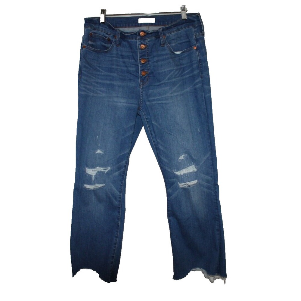Madewell Jeans Womens 32 Blue Distressed Dark Wash Cali Demi Boot Stretch Button
